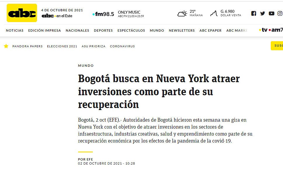 Bogot busca en Nueva York atraer inversiones como parte de su recuperacin